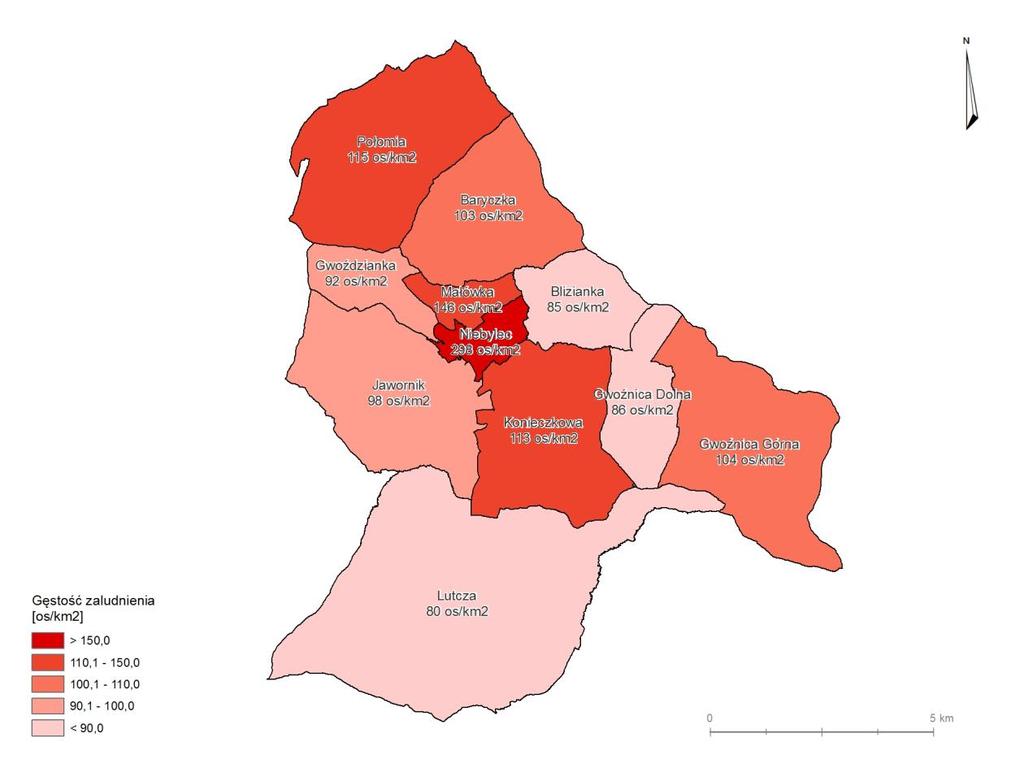 Mapa nr 1 Gęstość zaludnienia w jednostkach urbanistycznych Gminy Niebylec Źródło danych: Opracowanie własne 3.2.