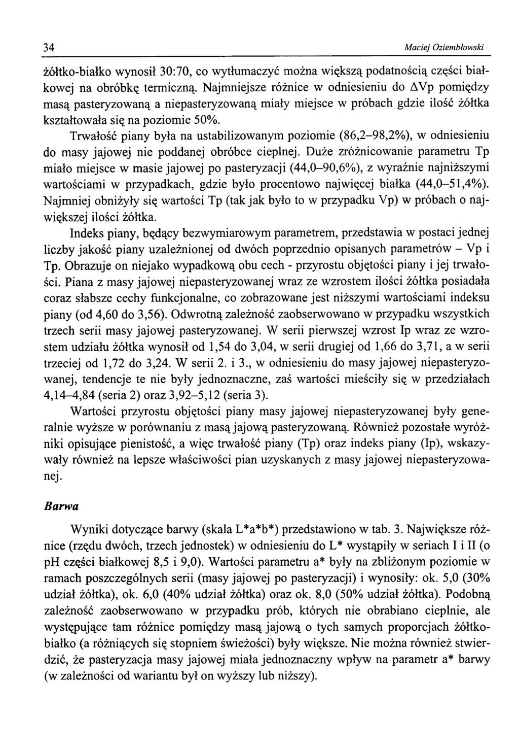 34 Maciej Oziemblowski żółtko-białko wynosił 30:70, co wytłumaczyć można większą podatnością części białkowej na obróbkę termiczną.