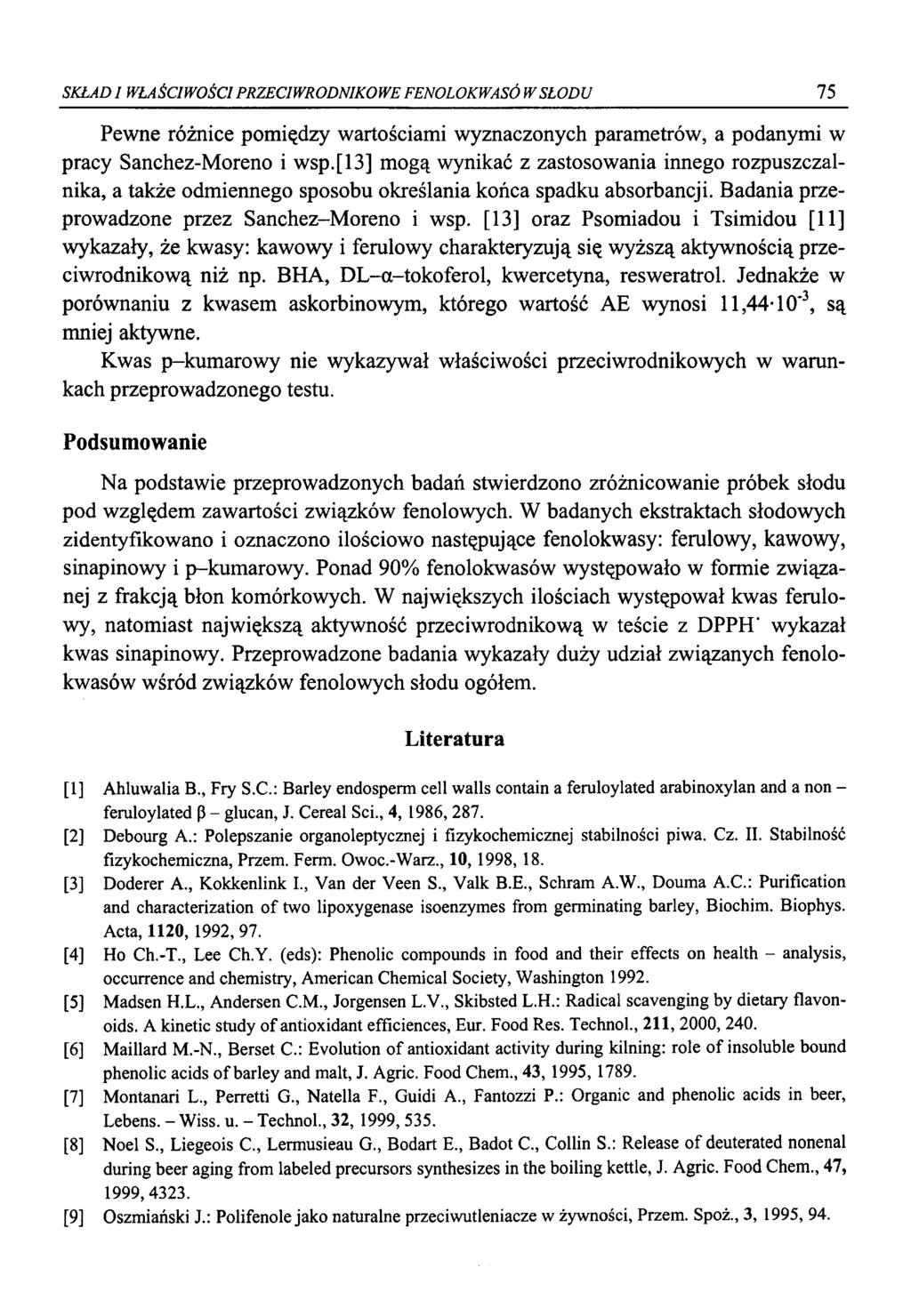 SKŁAD I WŁAŚCIWOŚCI PRZECIWRODNIKOWE FENOŁOKWASÓW SŁODU 75 Pewne różnice pomiędzy wartościami wyznaczonych parametrów, a podanymi w pracy Sanchez-Moreno i wsp.