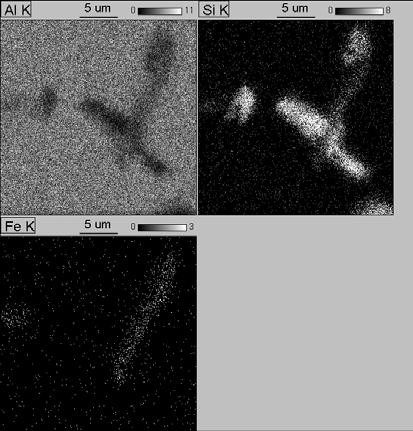 423 Rys. 8. Powierzchniowy rozkład Al, Si oraz Fe w mikrostrukturze stopu AlSi0,64. Fig. 8. Surface distribution of Al, Si and Fe in AlSi0,64 alloy microstructure.