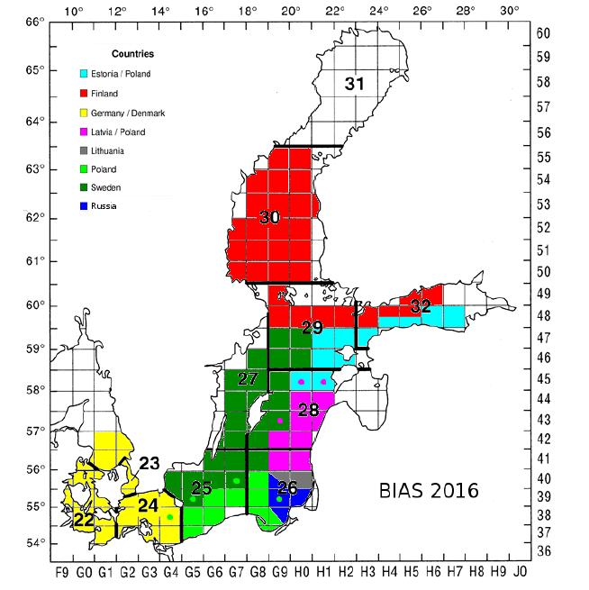 Informacja o stadzie na podstawie rejsów badawczych Rejsy hydroakustyczne na Bałtyku w październiku 2016 roku: miejsca badań (lewy rysunek) i wyniki oceny zasobów