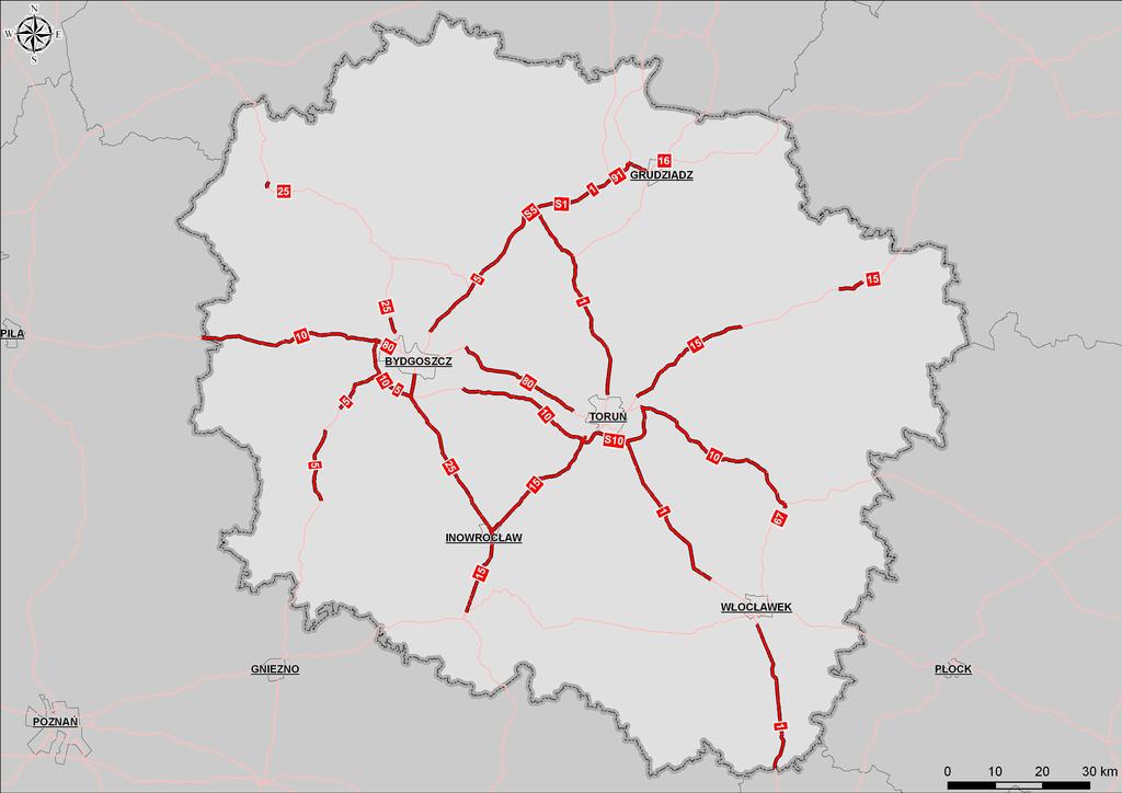 Rys. 1.1. Lokalizacja odcinków dróg objętych Programem na tle województwa kujawsko-pomorskiego. Województwo zajmuje powierzchnię 17 972 km 2 i zamieszkuje je 2 098.4 tyś. osób (stan na 31.12.2011 r.).