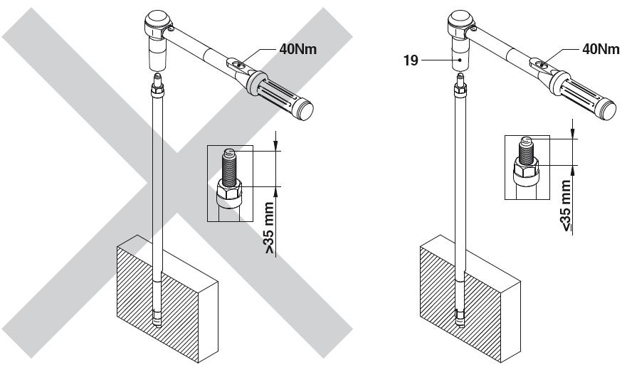 MOCOWANIE W BETONIE: Nawiercić otwór Ø 18 mm w betonie konstrukcyjnym przy pomocy wiertła do betonu z nakładką z twardego metalu o głębokości min. 130 mm. Wytrzymałość betonu min. C 16/20.