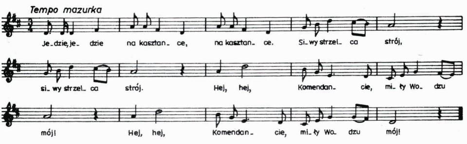 Pieśń o wodzu miłym słowa: Wacław Biernacki muzyka: ludowa Jedzie, jedzie na kasztance, siwy strzelca strój. () Hej, hej, Komendancie, miły wodzu mój!