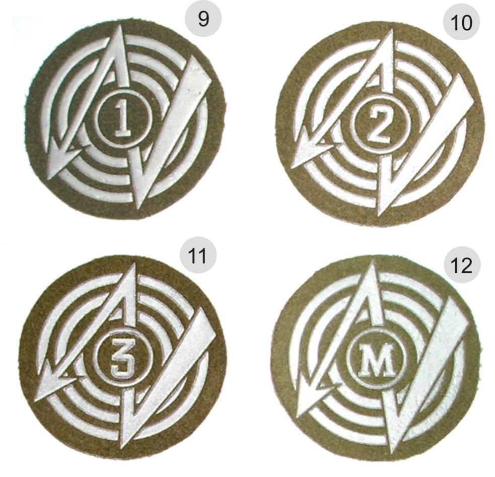 Pośrodku błyskawicy mały okrąg z oznaką klasy (1, 2, 3, M). Oznaki o średnicy 70 mm. 5-8.