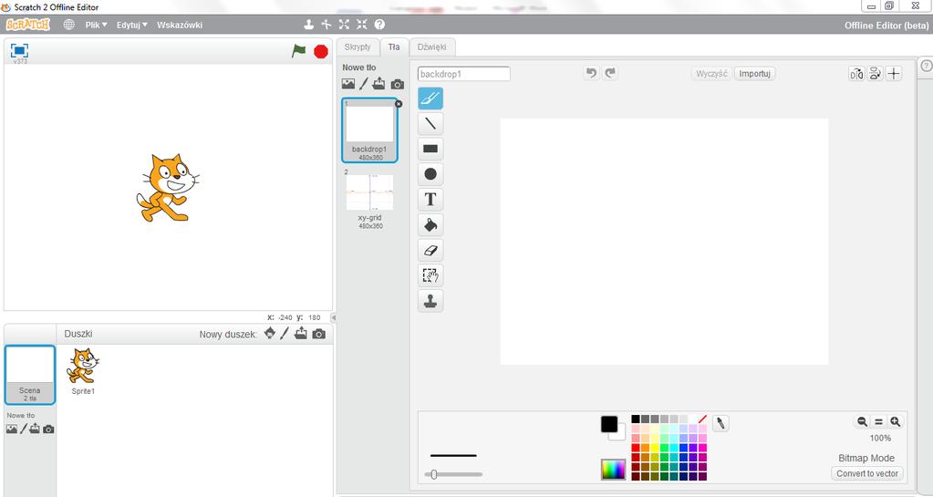Okno startowe programu Scratch. Scena. Po lewej stronie ekranu znajduje sie scena na której kotek (w programie Scratch zwany duszkiem) wykonuje nasze polecenia według przepisu instrukcji.