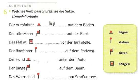 SPRECHEN 7. Ich frage, du antwortest. Bilde weitere Dialoge mit dem Wortschatztmaterial von Übung 2. Ułóż dialogi, korzystając ze słownictwa z ćwiczenia 2. Wo liegt der Hund? Er liegt unter dem Auto.