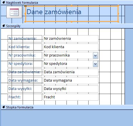 Rodzaje widoków formularzy widok Projekt widok Projekt służy do tworzenia nowego formularza lub zmiany struktury formularza istniejącego. Widok projekt przedstawia szczegółową strukturę formularza.