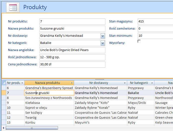 Rodzaje formularzy formularz dzielony (zespolony) Formularz dzielony jest nową funkcją programu Microsoft Office Access 2007, która udostępnia jednocześnie dwa widoki danych widok formularza i widok