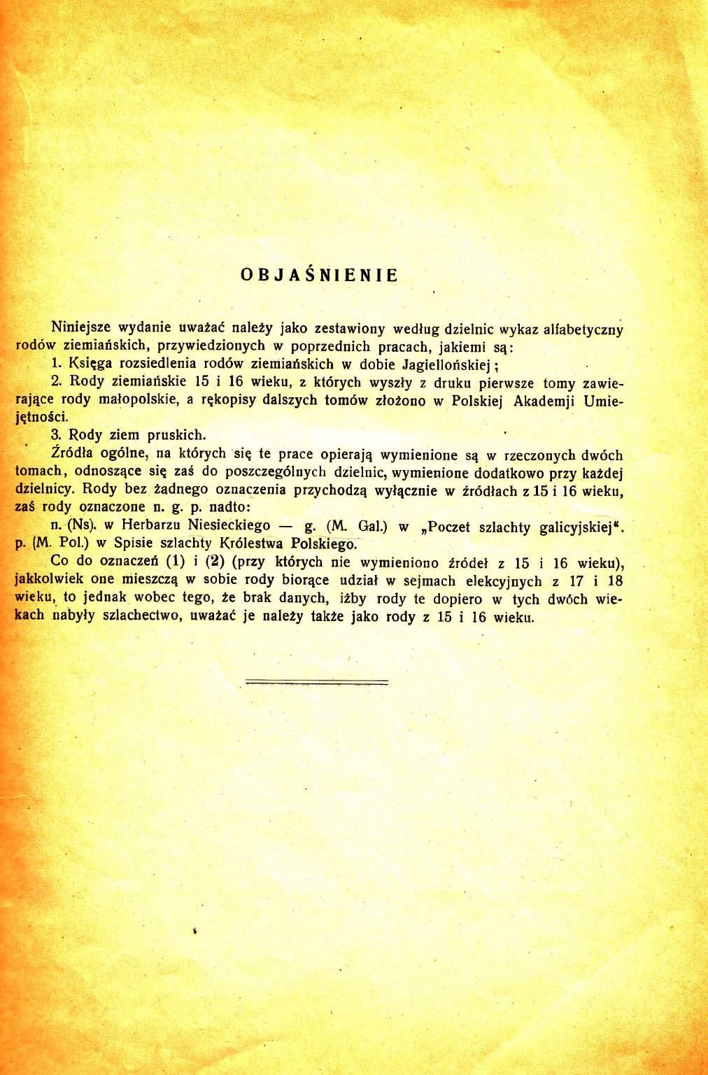 objlsutenre Niniejsze wydanie uwaia(, nalely jako zestawiony wedlug dzielnic wykaz alfabetyczny rod6w ziemiafiskich, przywiedzionych w poprzednich pracach, jakiemi sq: 1.