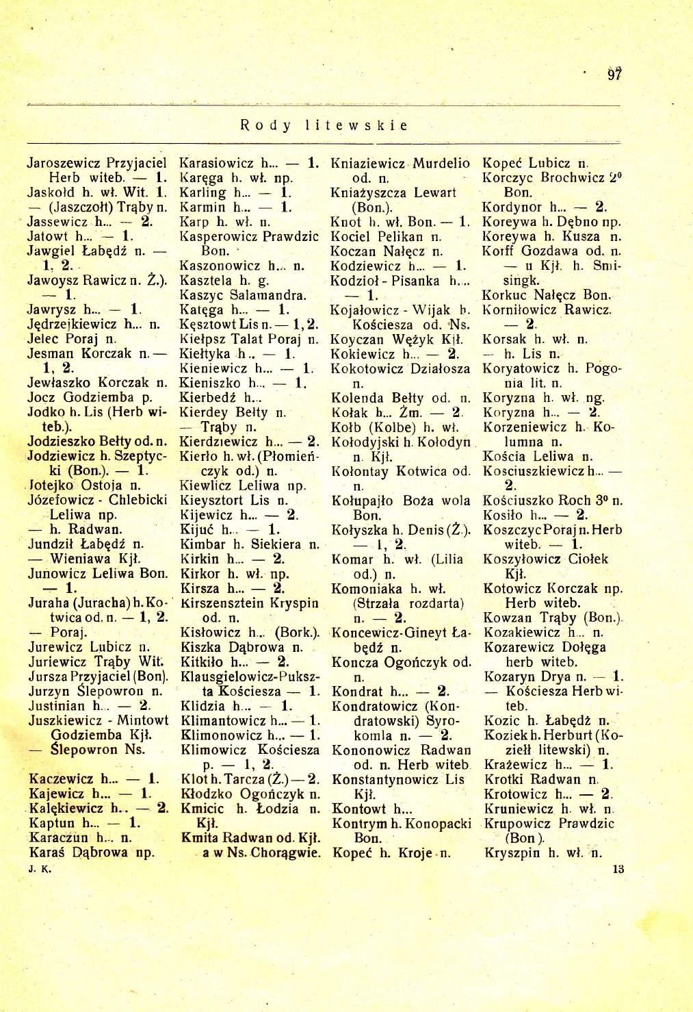 g? Rody litewskie Jaroszewicz Przyjaciel Herb witeb. 1. Jaskold h. wl. Wit. 1. (JaszczoNt) Trqby Jassewicz h... Jatowt 2. h... Jawgiel 1. LabgdL 1.2. Jawoysz Rawicz Z,). 1. Jawrysz h... I.