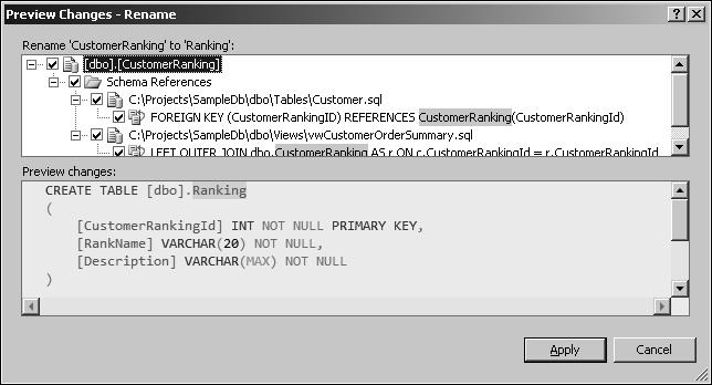 42 Rozdział 1: Omówienie pakietu oprogramowania SQL Server Data Tools RYSUNEK 1-17 Okno pozwalające na zapoznanie się ze zmianami przed zastosowaniem refaktoryzacji w bazie danych To okno dialogowe