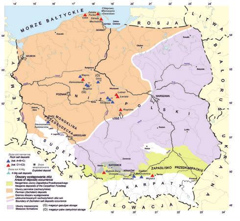 Rys. 1. Rozmieszczenie udokumentowanych złóż soli kamiennej i soli potasowo-magnezowych w Polsce (wg [6]) Fig. 1. Location of documented rock salt and potash-magnesium salts deposits in Poland (after [6]) ponownego ich oszacowania, w tym zasobów soli kamiennej i soli potasowo-magnezowych (rys.