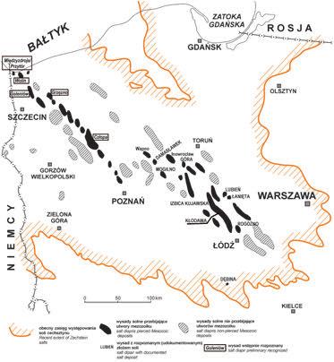Rysc. 4. Wysady solne w Polsce z zasobami przewidywalnymi soli kamiennej (wg [9], zmienione) Fig. 4. Salt diapirs in Poland with predicted ( and ) rock salt resources (after [9], modified) braku zagospodarowania i lepszego rozpoznania większości z nich.