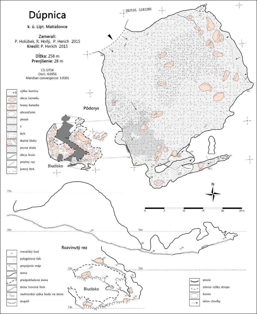 Fig. 12. Plan i przekroje jaskini Dúpnica. Fauna jaskiniowa, znaleziska paleontologiczne i archeologiczne, historia poznania jaskini Współczesna fauna jaskini nie była szczegółowo badana.