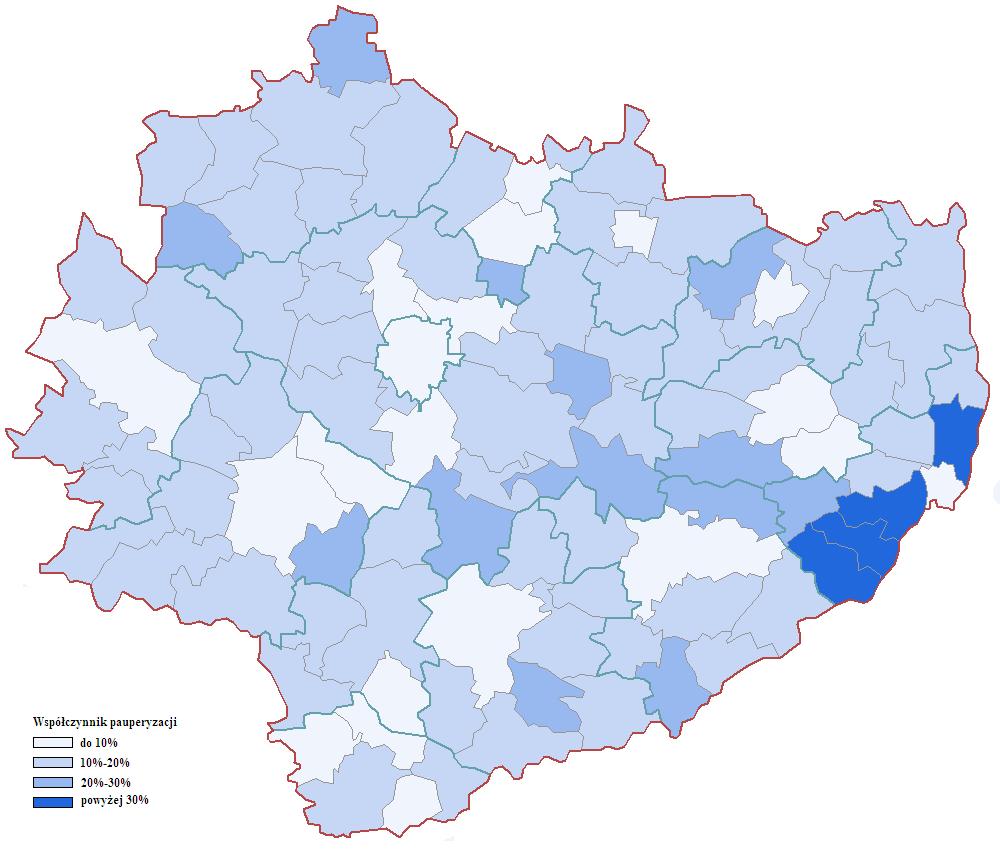 Przestrzenna analiza skali ubóstwa w gminach województwa świętokrzyskiego. Przestrzenna analiza problemu ubóstwa ma na celu ustalenie koncentracji ludzi biednych w województwie świętokrzyskim.