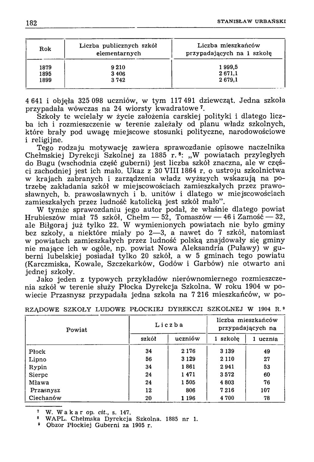 182 S T A N IS Ł A W U R B A Ń S K I Rok Liczba publicznych szkół elementarnych Liczba mieszkańców przypadających na 1 szkołę 1879 9 210 1 999,5 1895 3 406 2 671,1 1899 3 742 2 679,1 4 641 i objęła