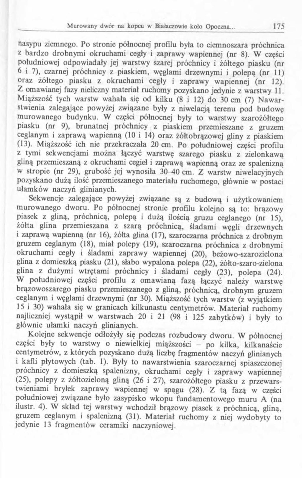 nasypu ziemnego. Po stronie północnej profilu była to ciemnoszara próchnica z bardzo drobnym i okrucham i cegły i zaprawy wapiennej (nr 8).