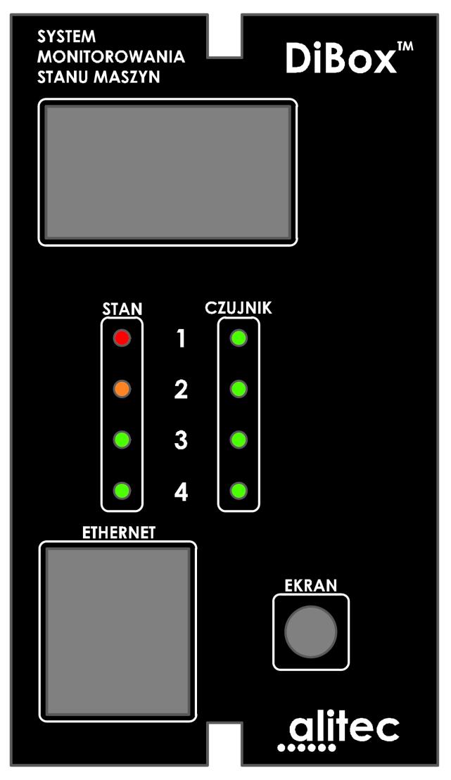 6. PANEL PRZEDNI URZĄDZEŃ DIBOX Wyświetlacz OLED (1) Sygnalizacja przekroczeń poziomów w poszczególnych kanałach pomiarowych (2) Sygnalizacja stanu czujników (3) Złącze interfejsu Ethenet (4)