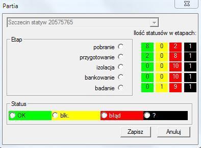 Projekty - Partia Okienko pozwala na zmianę statusu wszystkich etapów w zleceniach wybranej partii (na statywie).