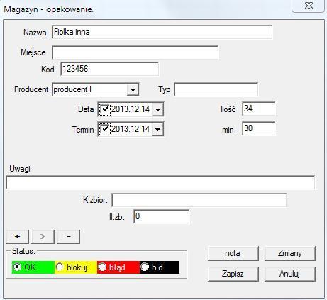 Magazyn - edycja Najważniej sze parametry towaru: kod, daty produkcji i termin oraz ilość.
