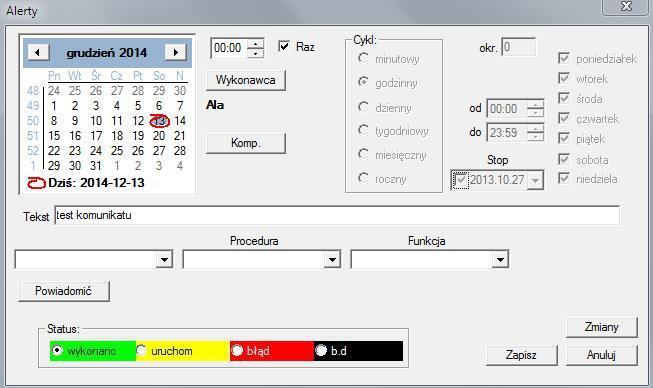 Alerty - edycja Alerty można podzielić na kilka rodzaj ów: - j ednorazowe lub cykliczne - komunikaty lub procesy - ręczne lub automatyczne O ile pierwszego rodzaju nie trzeba wyjaśniać, to następne