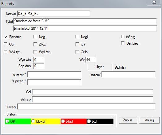 Raporty - edycja Parametry nagłówka raportu -