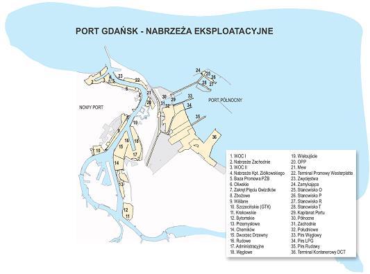 Rys. 3. Lokalizacja nabrzeży eksploatacyjnych portu Gdańsk Źródło: https://www.portgdansk.pl/o-porcie/terminale-i-nabrzeza (dostęp: 05.09.2017) 2.