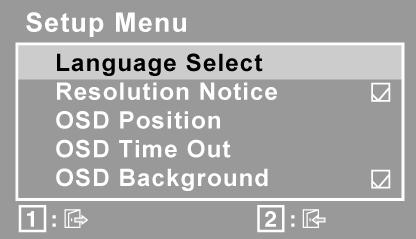 Element Objaśnienie Setup Menu (menu ustawień) wyświetla następujące menu: Language Select (Język) pozwala wybrać język, w którym wyświetlane będą menu i ekrany ustawień.