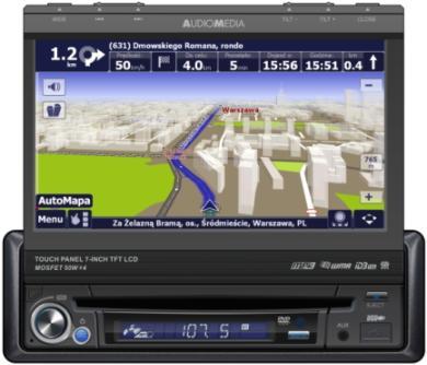GSM779 1-DIN STACJA AV Z DOTYKOWYM EKRANEM 7 I NAWIGACJĄ GPS Elektrycznie wysuwany ekran Wzmacniacz 4 x 45W Tuner RDS z pamięcią 18/FM 12/AM Odtwarzacz CD/CD-R/CD-RW, DVD/DVD±R/DVD±RW, VCD