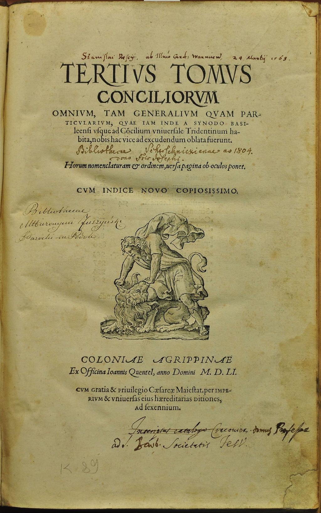 Kronika Projektu 501 Ryc. 1. Starodruk z notatką proweniencyjną krakowskich jezuitów podarowany bibliotece Szersznika w 1804 r.