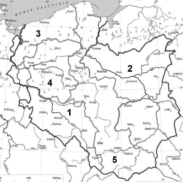Mapa do zadania 4. Zadanie 4. (0 4) Uzupełnij tabelę przyporządkowując cyfrze nazwę plemienia a następnie współczesną nazwę regionu Polski. Przykład: cyfra 1.