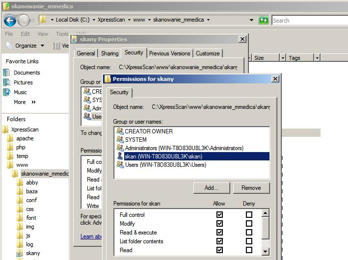 zainstalowany system Xpress Scan w razie potrzeby można go zmienić Skanowanie z urządzenia Xerox na serwer odbywa się po protokole SMB, gdzie musi być udostępniony folder skany pod nazwą udostępnioną