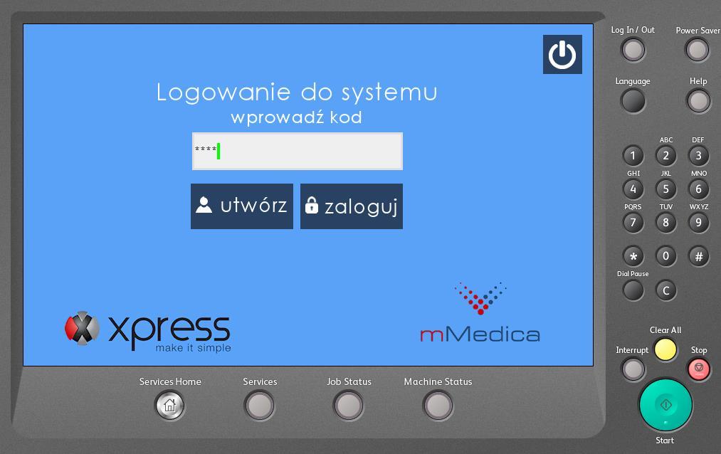 Po uruchomieniu aplikacji na urządzeniu pojawi się okno logowania do systemu Xpress Scan - domyślnym hasłem administratora jest