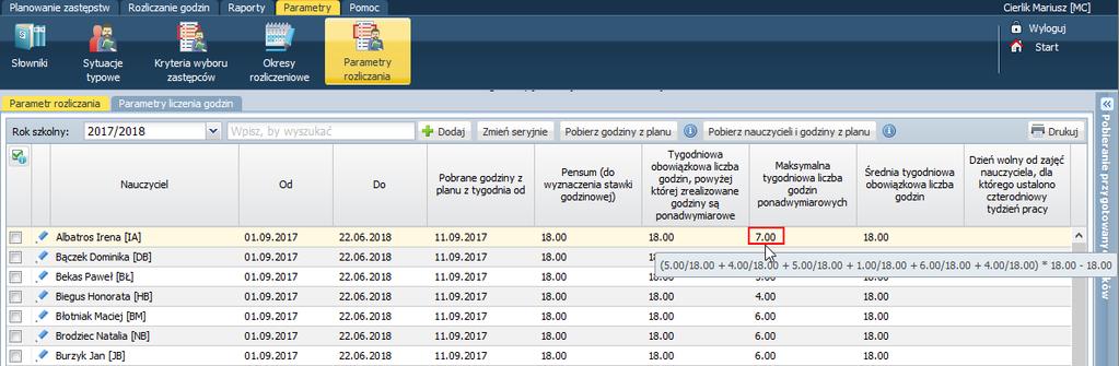 UONET+. Rozliczanie godzin nauczycieli 6/17 Wykonane obliczenia można podejrzeć po najechaniu kursorem na wyznaczoną liczbę.