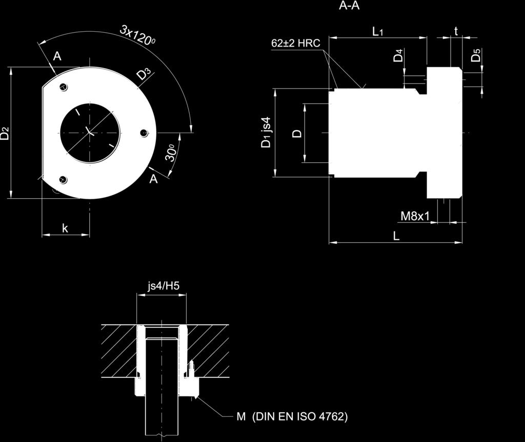 Tuleja prowadząca stalowa Guide bushing steel www.fcpk.pl FTA ISO 9448-4 3 śruby (sprzedawane oddzielnie) 3 screws (sold separately) D Tol. D1 D2 D3 D4 D5 t k M L1 L NR KAT.