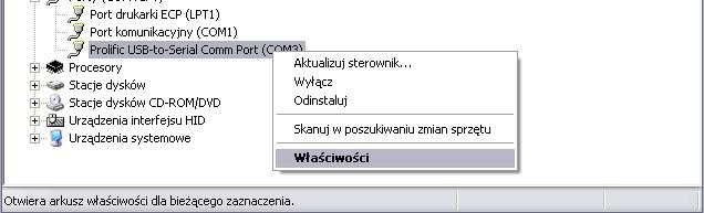 Rys. 4. Okno Menadżera urządzeń. W wypadku gdy numer portu będzie wyższy niż COM10, należy przepiąć interfejs do innego gniazda USB komputera.