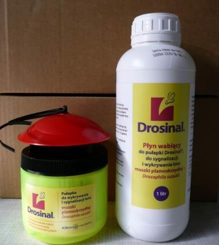 Fot. 28. Pułapka i płyn wabiący Drosinal do odłowu Drosophila suzukii Tabela 13.