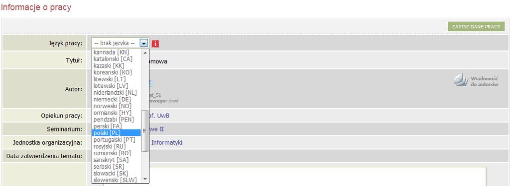 2. W pierwszej kolejności należy ustawić język pracy, w którym praca została napisana wybierając