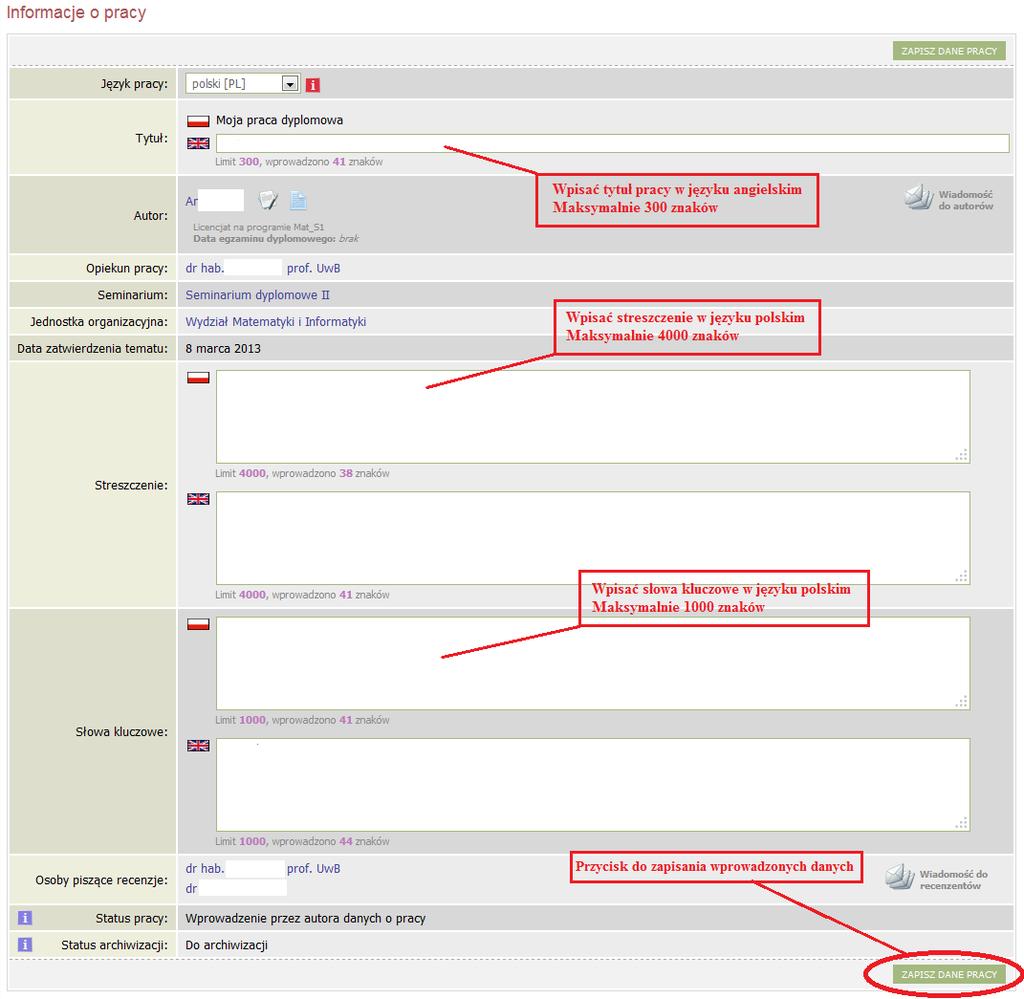Następnie należy wpisać tytuł pracy, streszczenie i słowa kluczowe w języku polskim i angielskim i