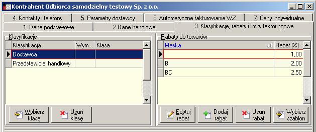 Wykorzystywanie wzorców rabatowych. Podczas dodawania lub edycji kontrahenta na 3 zakładce jest możliwość przypisania mu rabatów.