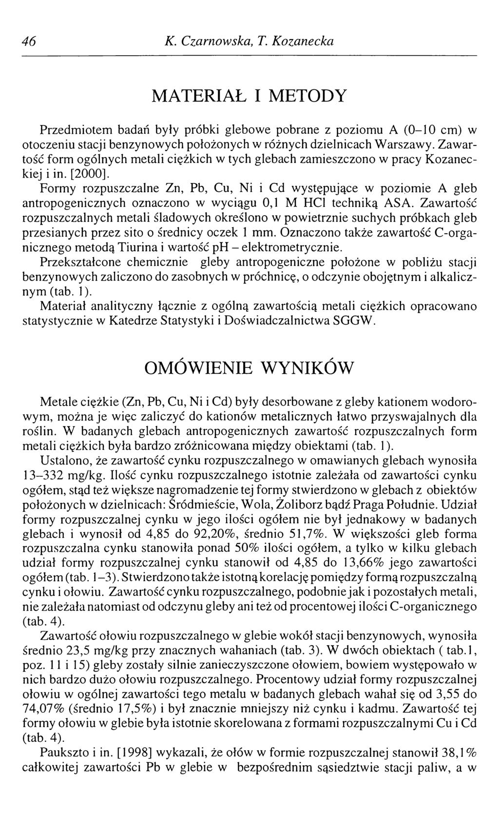 46 К. Czarnowska, T. Kozanecka MATERIAŁ I METODY Przedmiotem badań były próbki glebowe pobrane z poziomu A (0-10 cm) w otoczeniu stacji benzynowych położonych w różnych dzielnicach Warszawy.