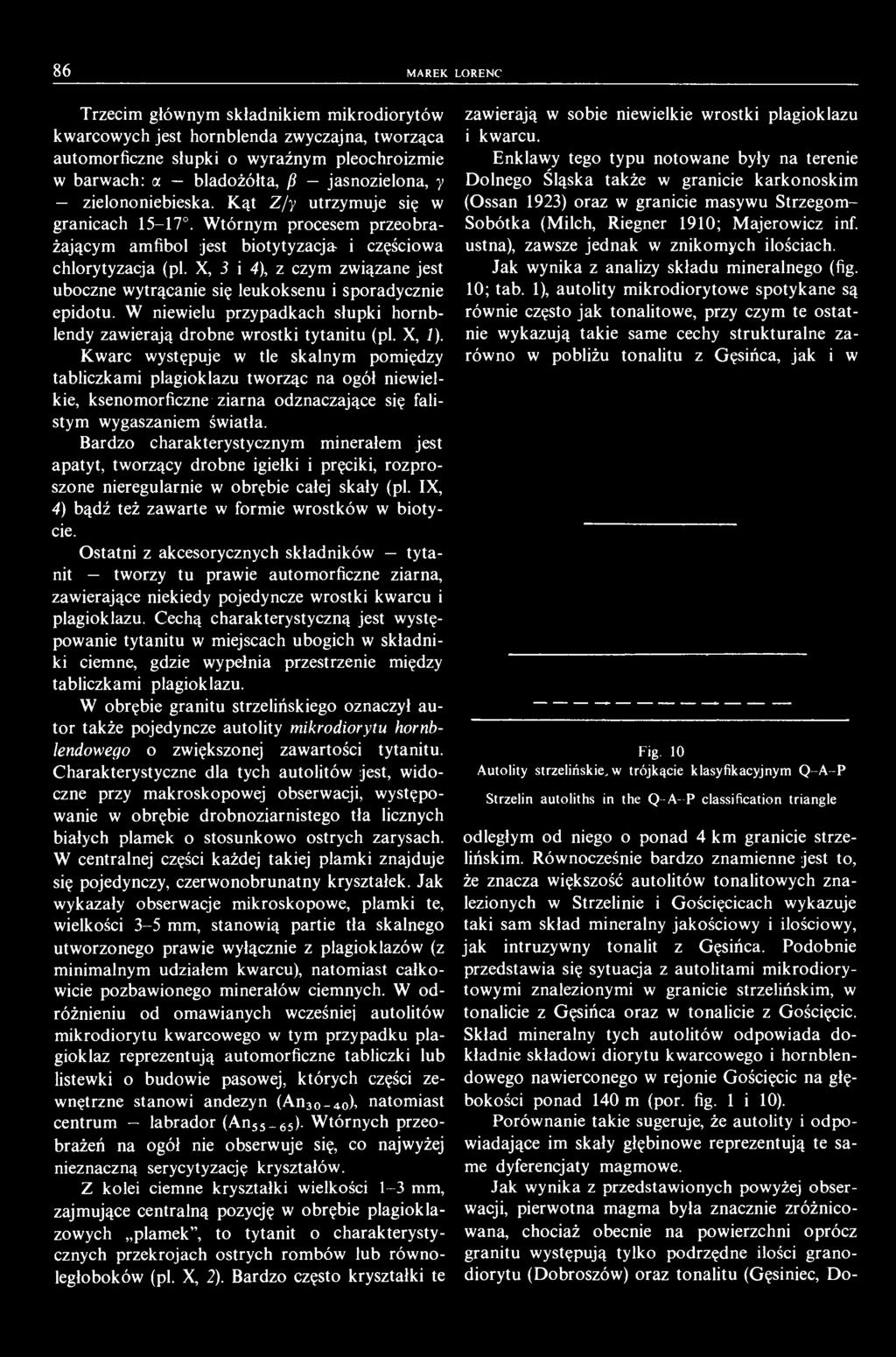 86 MAREK LORENC Trzecim głównym składnikiem mikrodiorytów kwarcowych jest hornblenda zwyczajna, tworząca automorficzne słupki o wyraźnym pleochroizmie w barwach: a bladożółta, /i jasnozielona, y