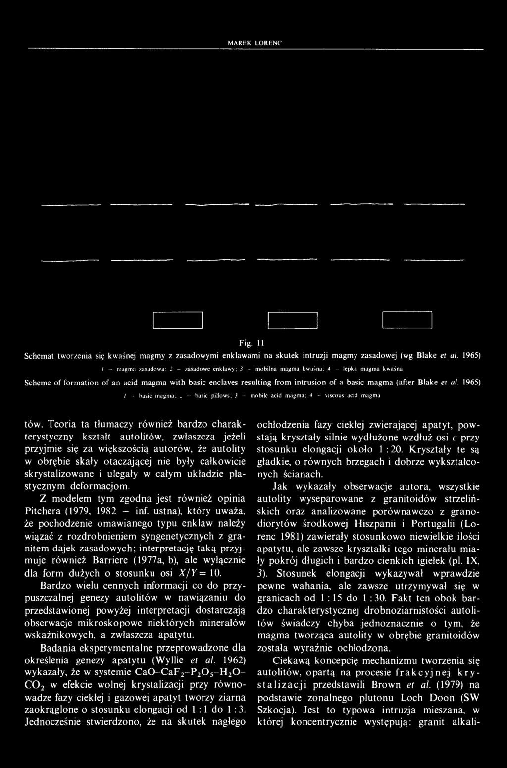 14 MAREK LORENC Fig. U Schemat tworzenia się kwaśnej magmy z zasadowymi enklawaimi na skutek intruzji magmy zasadowej (wg Blake et al.