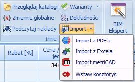 Opcje importu: Umożliwia generowanie pozycji z modelu na podstawie danych zawartych we właściwościach Podzakładki widoczne na