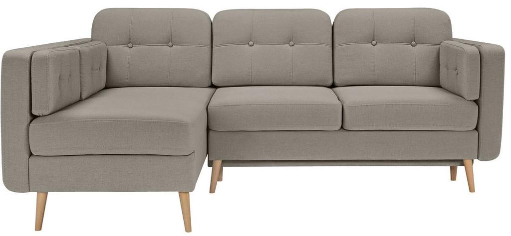 Głębokość: 170 cm Szerokość powierzchni spania: 125 cm Długość powierzchni spania: 199 cm Kolor: Endo 7713 Taupe Narożnik z funkcją spania i pojemnikiem na pościel.