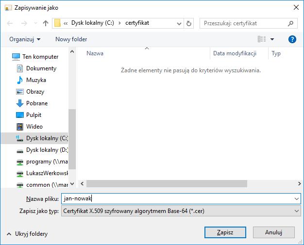 Rysunek 22: Kreator Eksportu certyfikatu Wskazani lokalizacji docelowej pliku eksportowanego certyfikatu Następnie należy nacisnąć przycisk Zapisz.