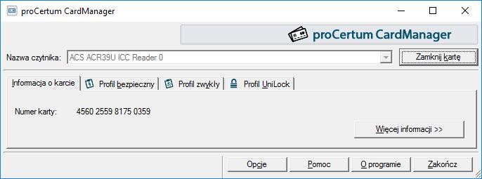 W celu uruchomienia aplikacji z menu Start w zakładce z programami wybierz folder, a następnie pro CardManager. Wyświetlone zostanie okno główne oprogramowania pro CardManager.