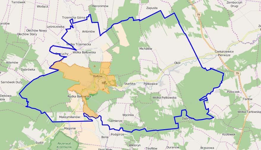 Mapa 12 Obszar rewitalizacji obejmujący sołectwo Bałtów (bez lasów) na tle