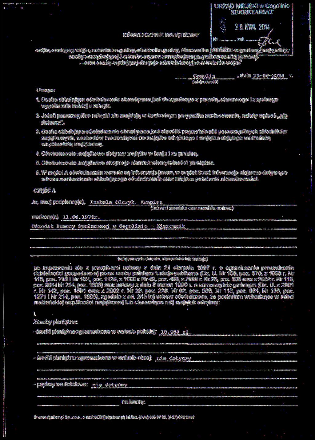 URZĄD MIEJSKI w Gogolinie SEKRETARIAT OŚWIADCZENIE MAJĄTKOWE : 19. KWI. zou Nr żal.